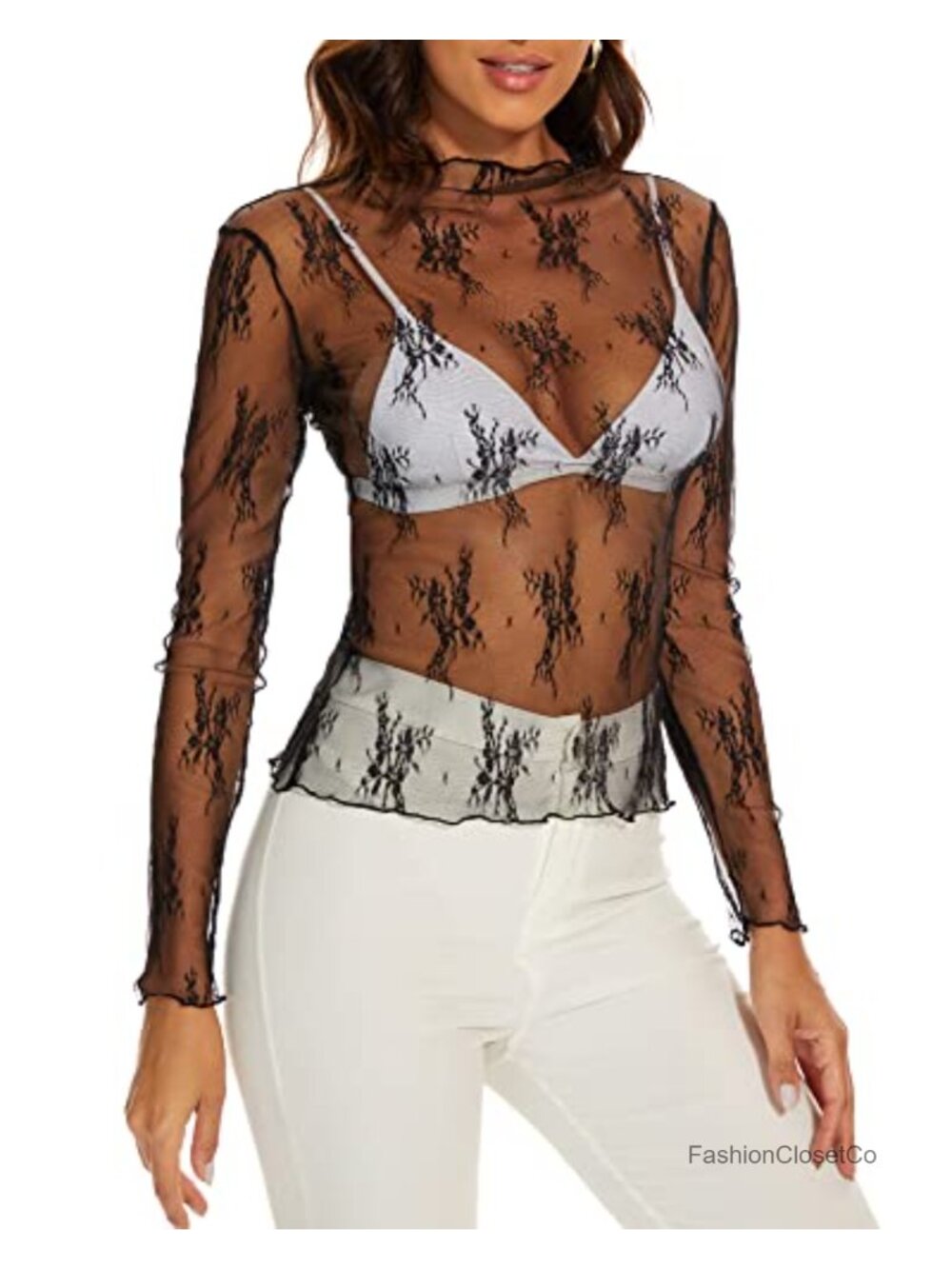 Women's Mesh Long Sleeve Layering Top Mock Neck Floral Embroidery Sheer Blouse